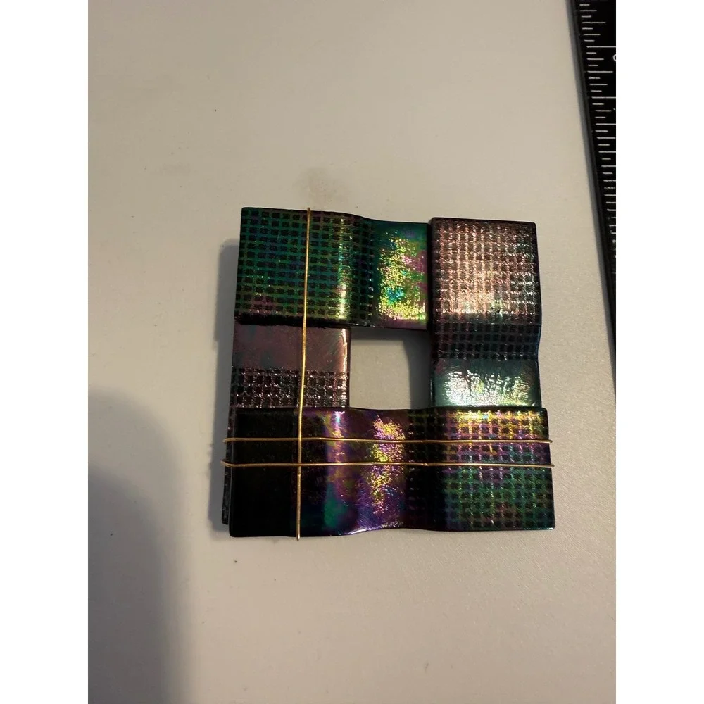 MDRach 1988 Signed Dichroic Art Glass Brooch‎ Iridescent Geometric Square Pin